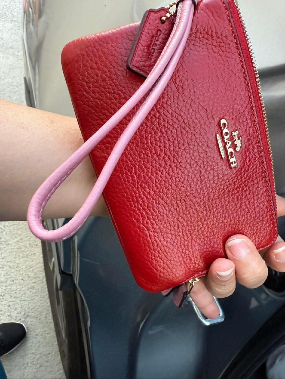 COACH multi color Red and Ivory White Pebbled Leather Wristlet with Pink Strap